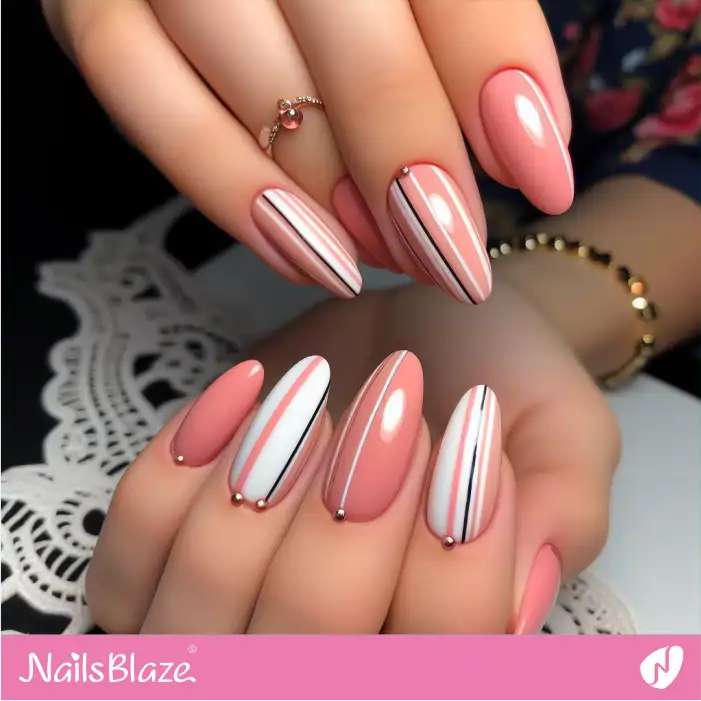 Simple Striped Peach Fuzz Nails with Studs | Color of the Year 2024 - NB1866